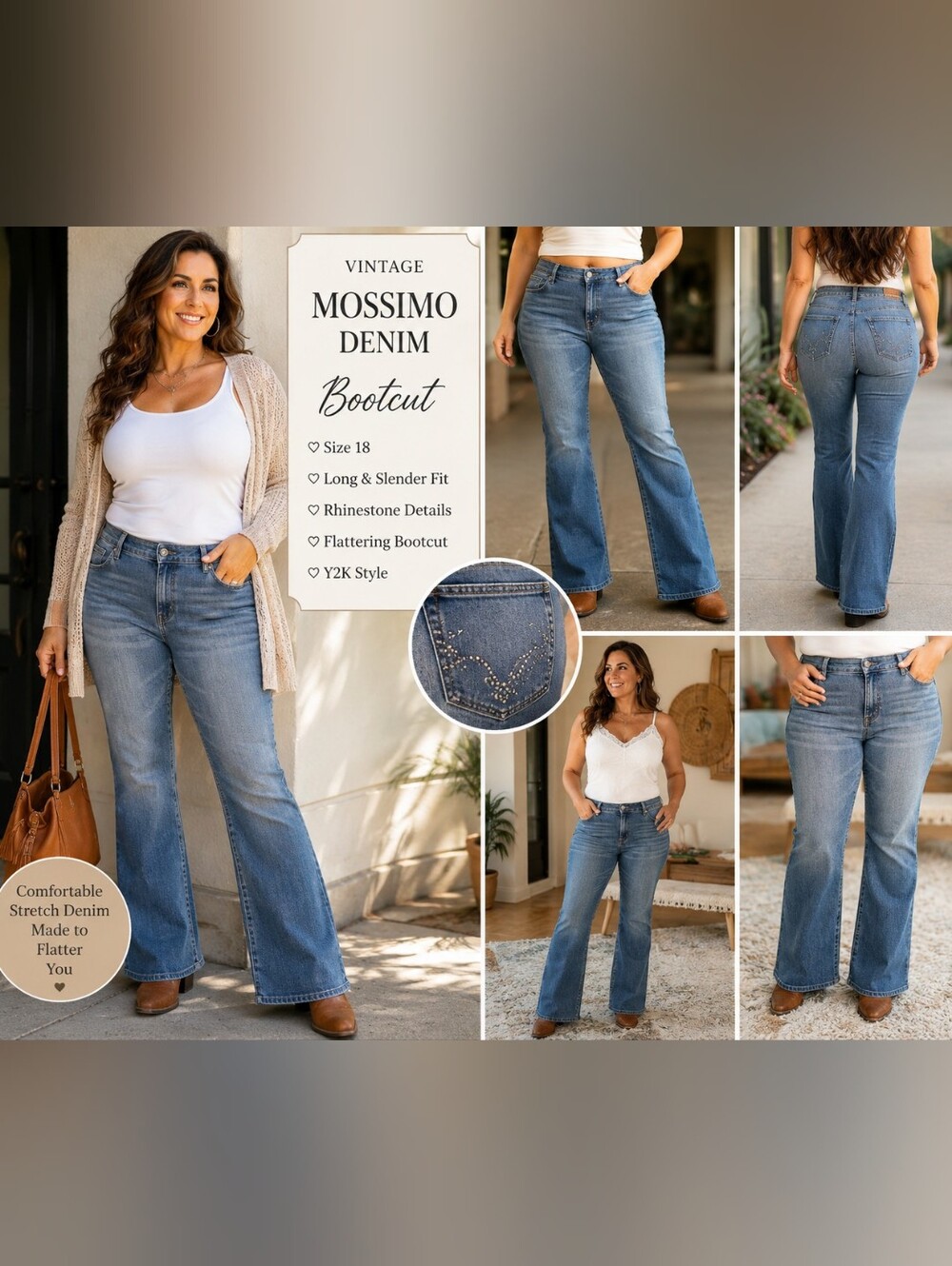 Vintage Mossimo Denim‎ Long & Slender Bootcut Jeans Women's Plus Sz 18 Y2K Bling
